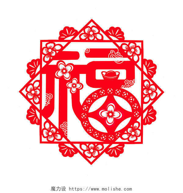 红色新年福字春节福字福字剪纸元素窗花贴纸PNG素材新年剪纸福字元素
